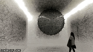 Гифка Летающий шар рисует на стенах