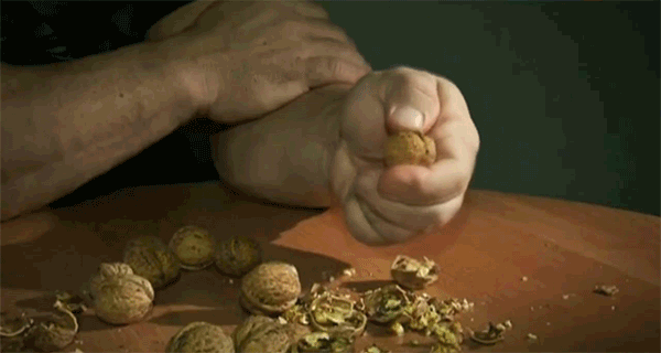 Гифка Денис Цыпленков колет грецкие орехи пальцами
