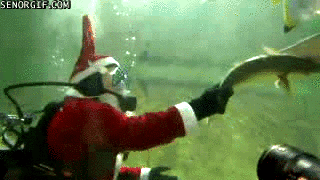 Гифка Санта Клаус кормит акулу