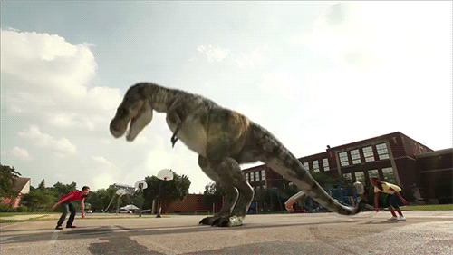 Гифка Динозавр прыгает через скакалку