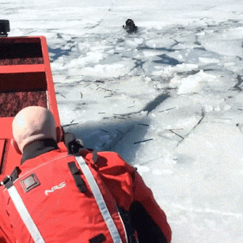 Гифка Спасение собаки из ледяной воды